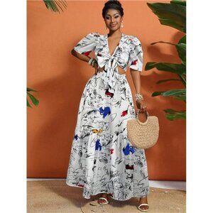 Lyxana 2pcs/Set Elegant High Waist Design Printed Skirt & Top Set, Summer Women